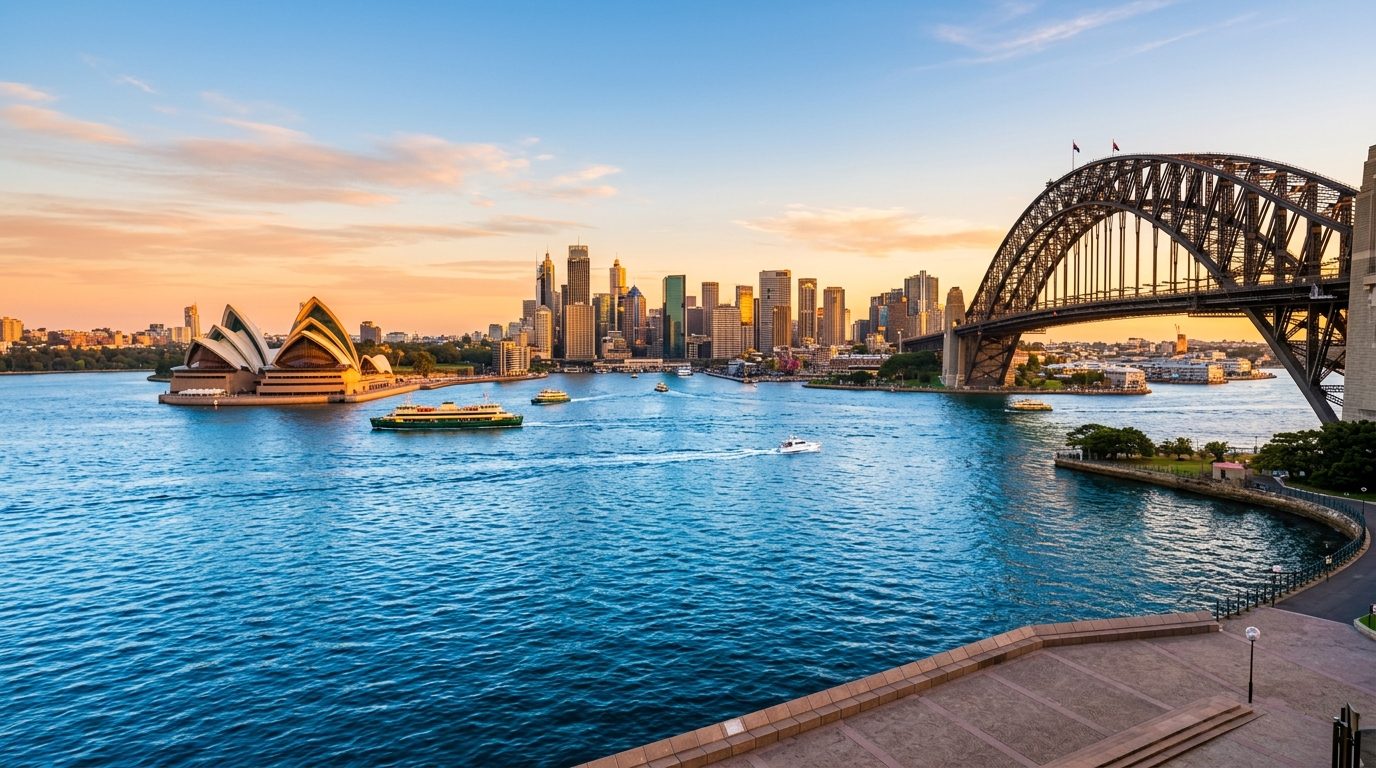 Sydney Opera House and Harbour Bridge at golden hour, Australia