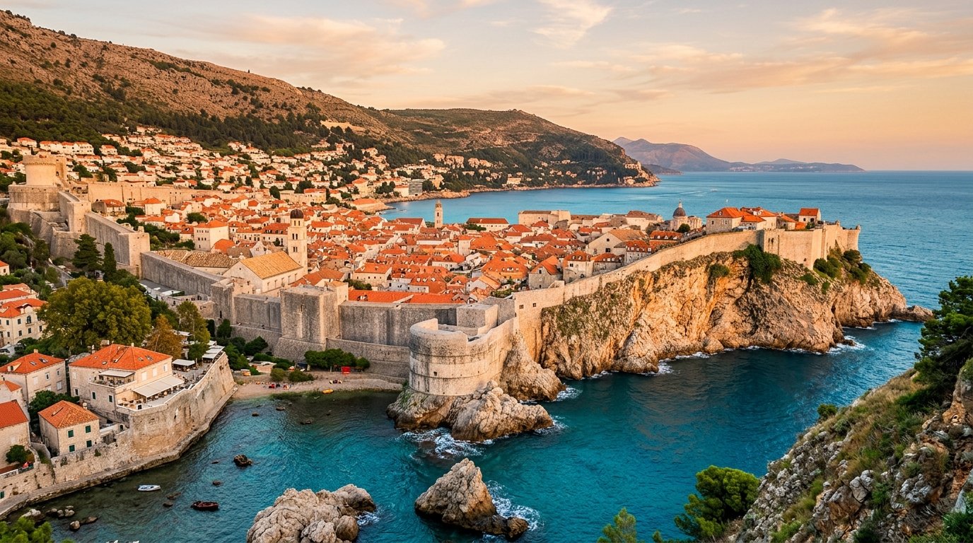Dubrovnik old town and city walls on the Adriatic coast of Croatia at golden hour
