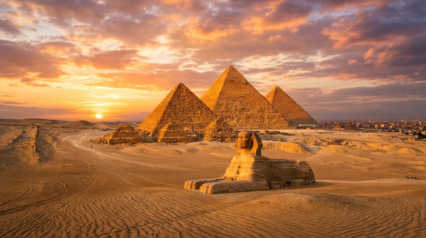 The Great Pyramids of Giza and the Sphinx in Egypt at golden hour