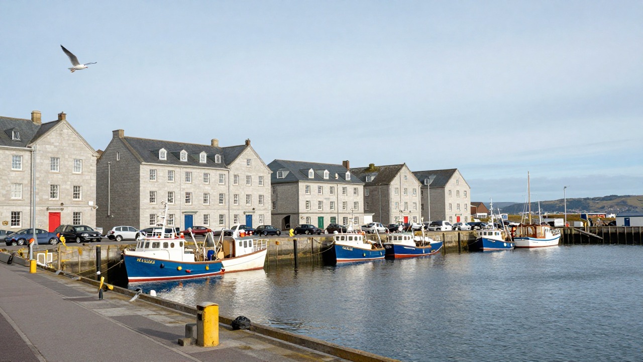 Fishing boats moored beside pale granite buildings at Aberdeen harbour