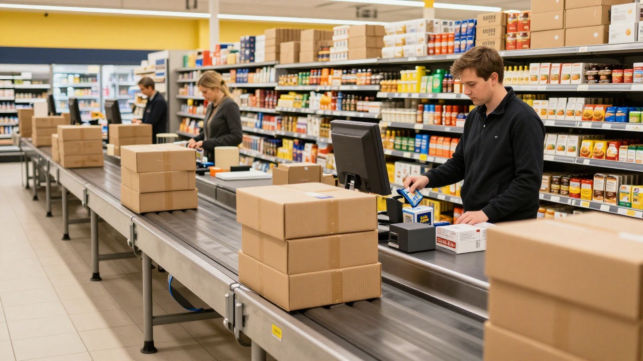 A discount supermarket checkout with stock stacked in cardboard trays behind the till