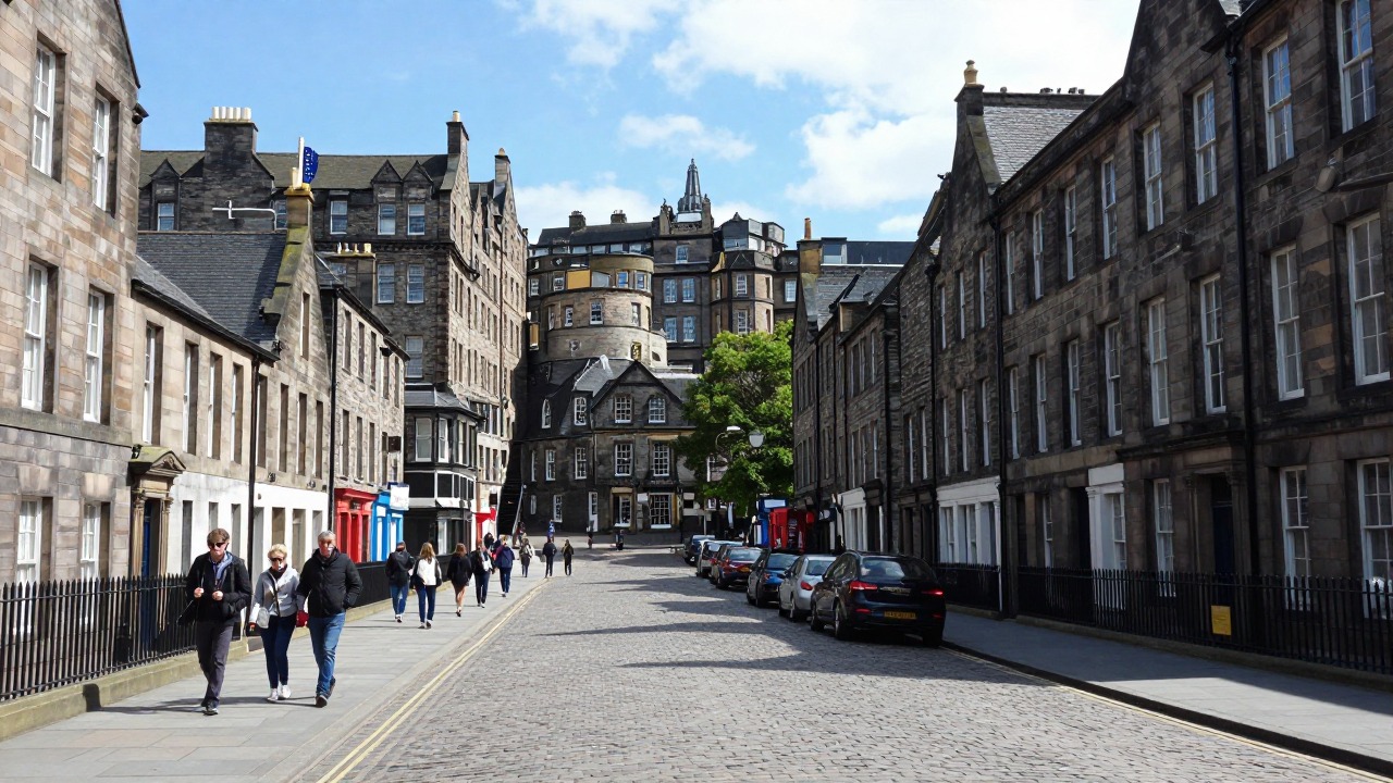 The cobbled Royal Mile in Edinburgh with visitors walking uphill between tall stone buildings