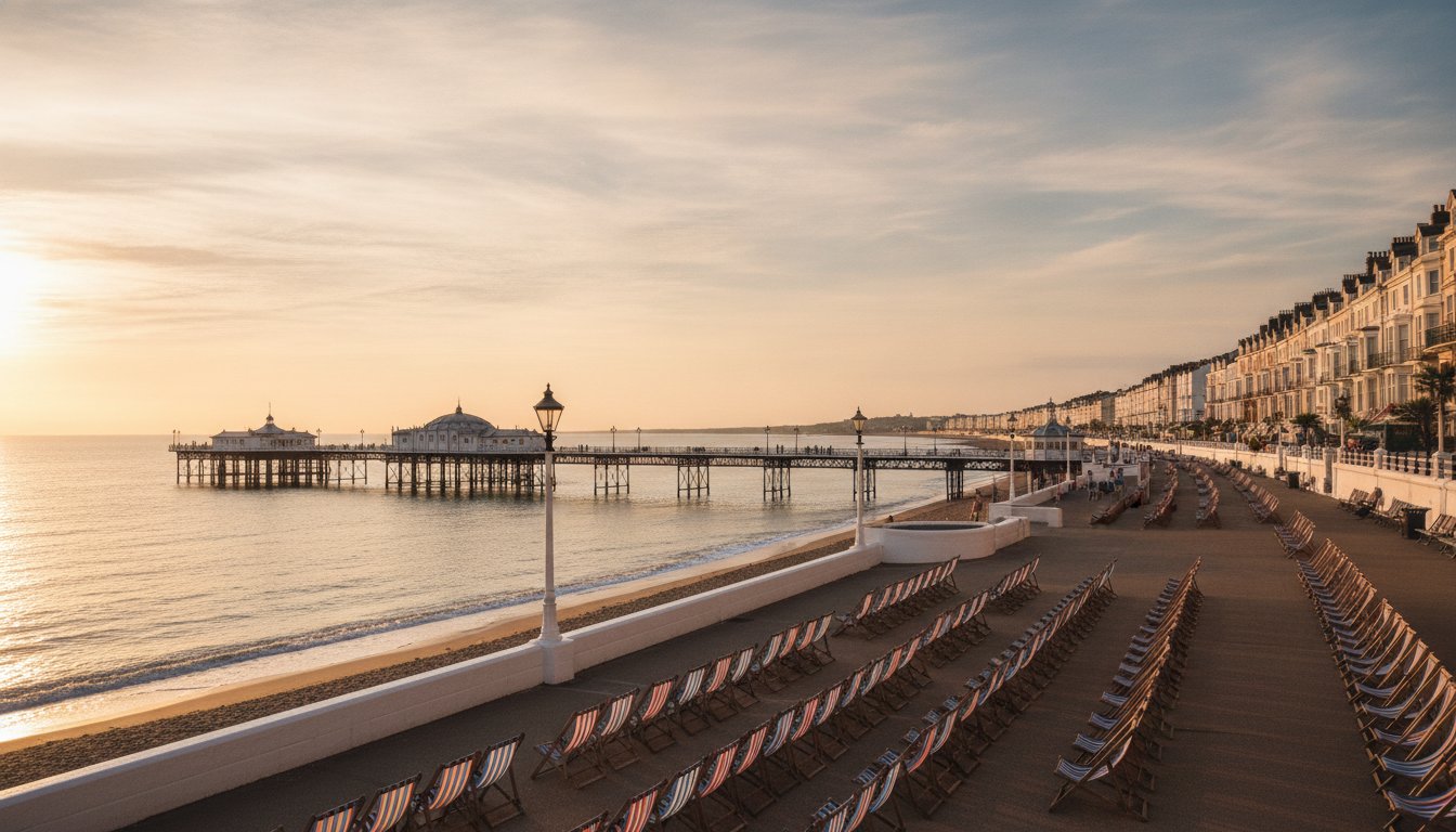 August bank holiday 2027 — English seaside promenade at golden hour