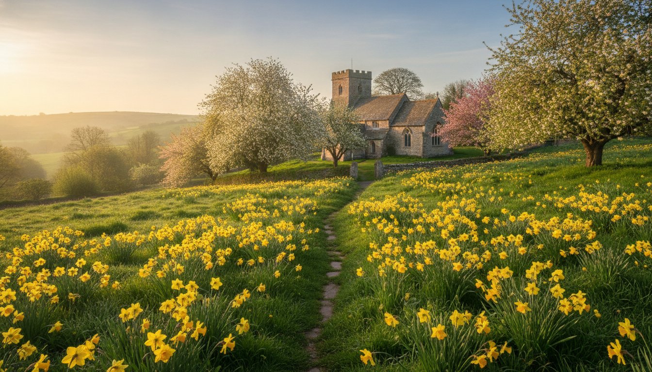Easter 2027 — English countryside church in spring