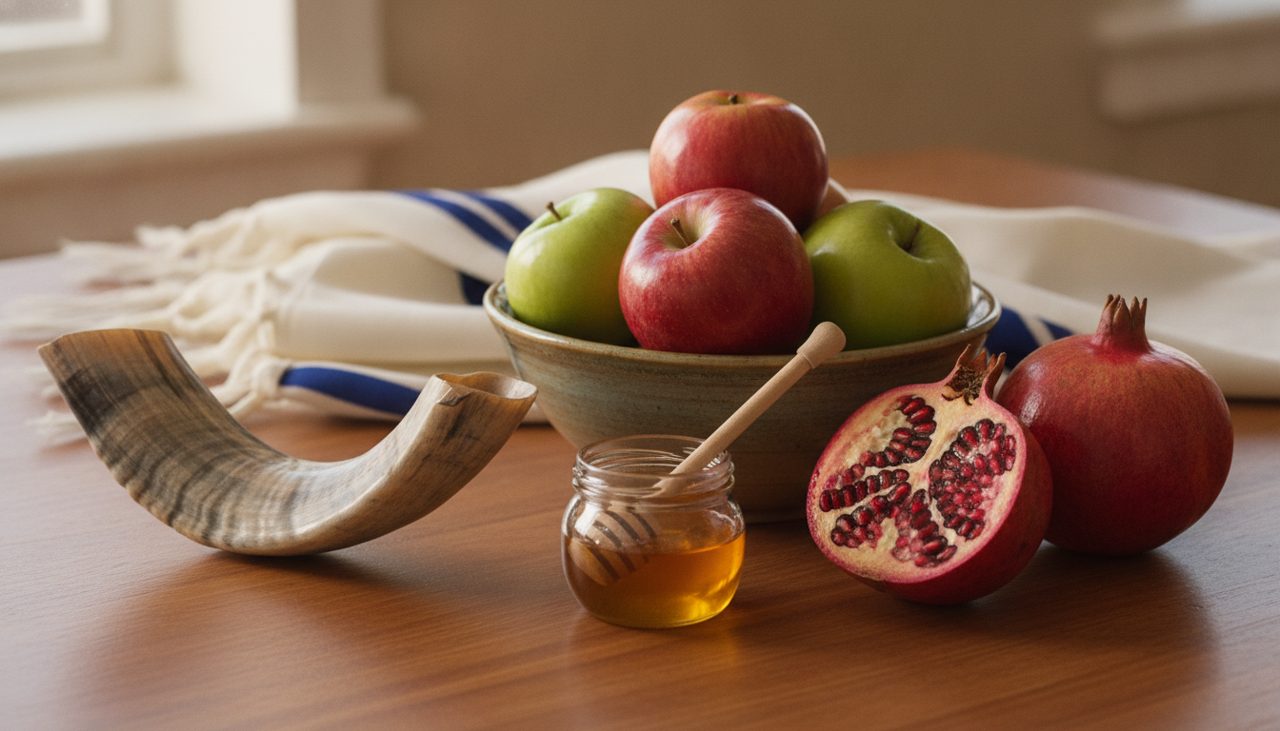 Shofar, apples and honey and pomegranates on a table
