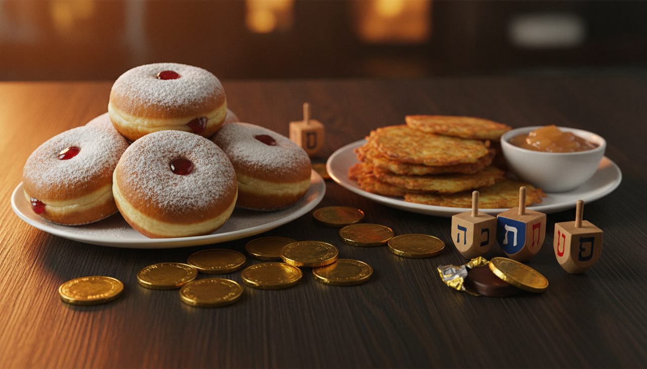 Sufganiyot, latkes, dreidels and chocolate coins for Hanukkah