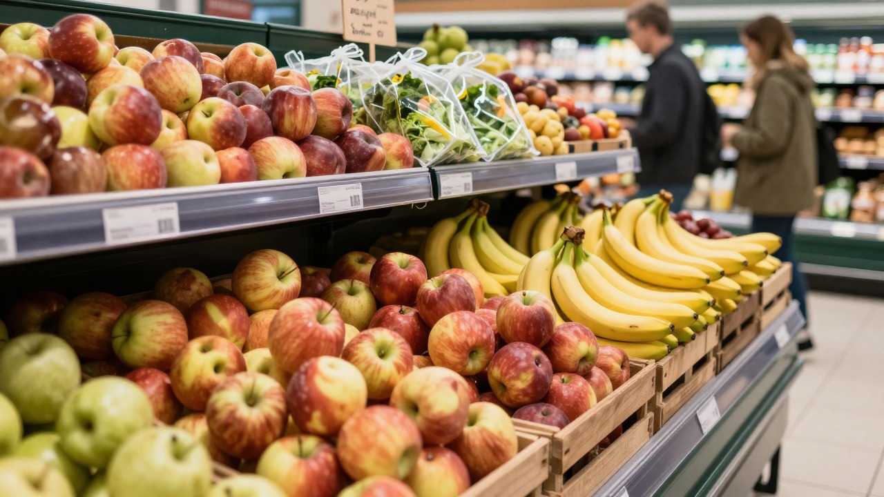 Fresh produce shelves in a British supermarket with shoppers browsing