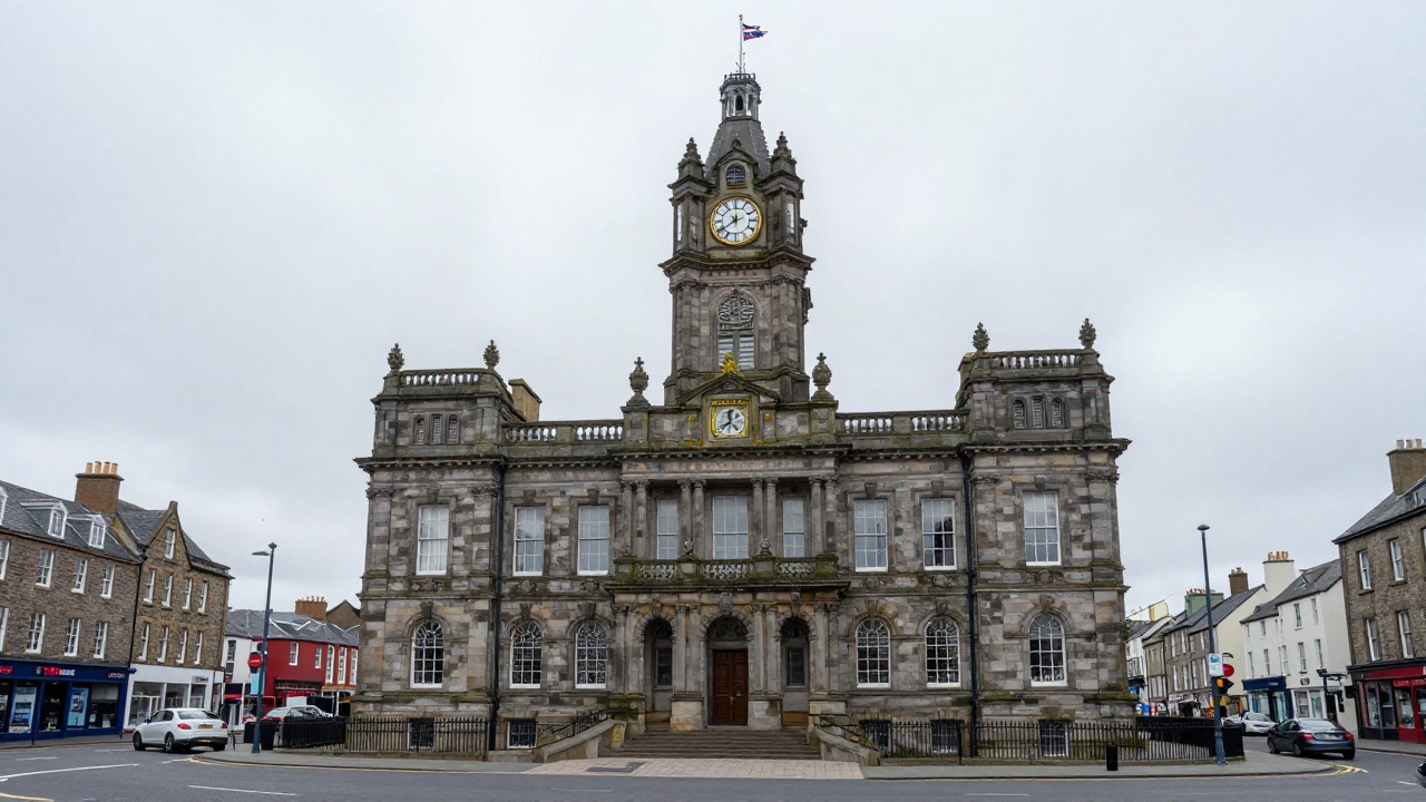 A grey granite Scottish town hall with a clock tower and a Saltire flag flying