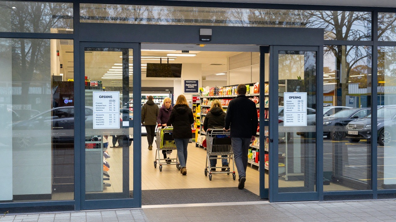 Shoppers with trolleys entering a British supermarket past a printed opening hours notice on the door