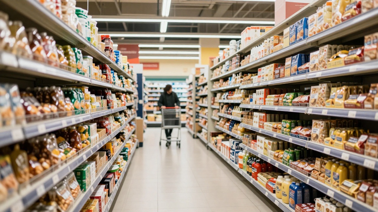 A stocked supermarket aisle with a shopper pushing a trolley in the distance