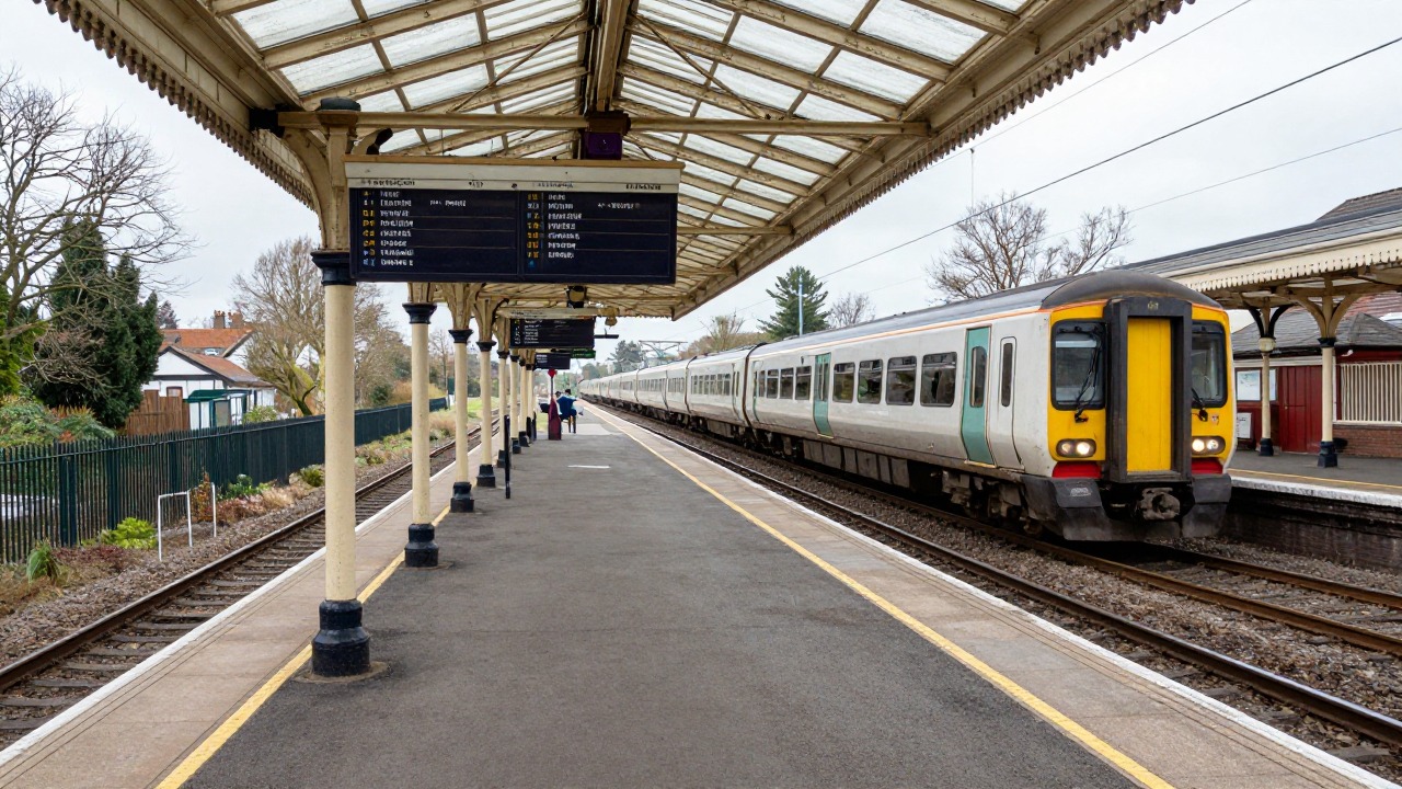 A near-empty British station platform with a departure board showing amended bank holiday times
